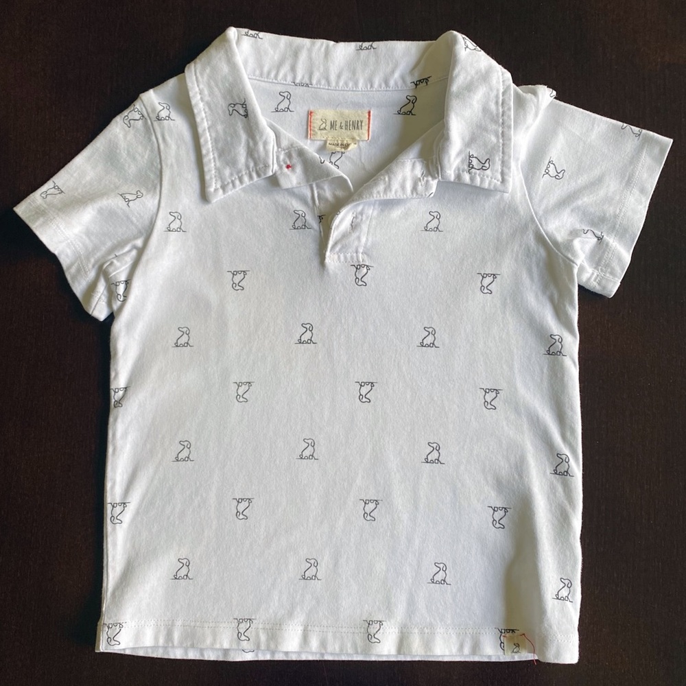 White Polo Shirt with dog design, size 3/4 T